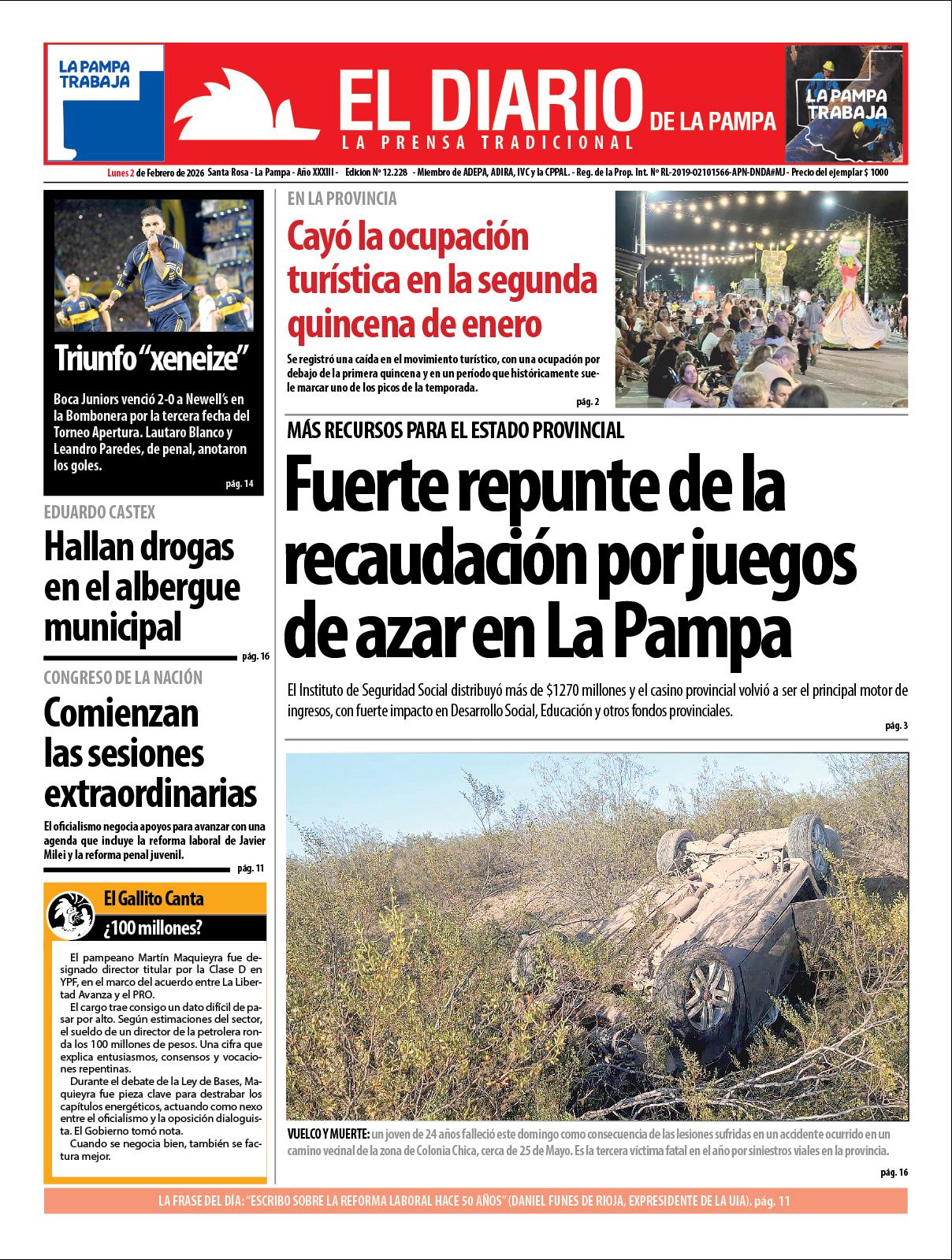 Tapa de El Diario en papel  lunes 02 de febrero de 2026